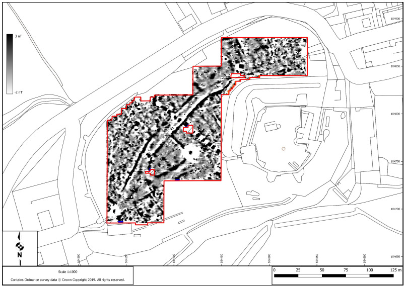 Gradiometry greyscale plot of the outer bailey, Pevensey Castle.